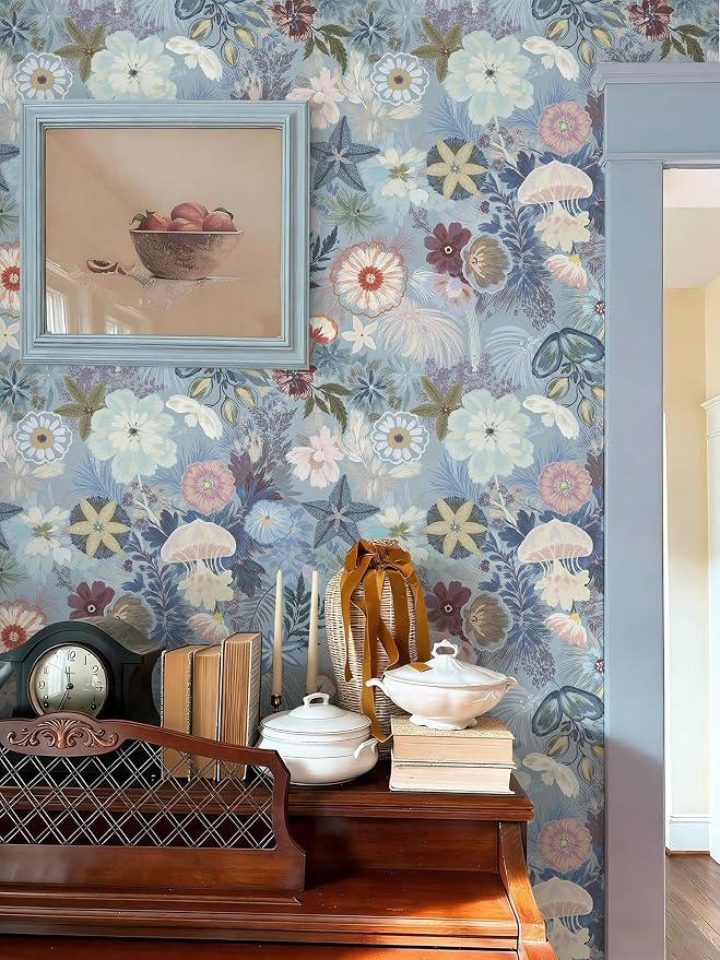 Ismoon Floral Peel and Stick Wallpaper Vintage Blue Contact Paper Jellyfish Ocean Stick on Wall Paper Removable Self Adhesive Vinyl Wallpaper for Bedroom Wall Decor Cabinet Refurbishment 17.3x393in