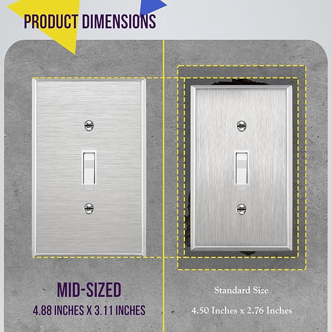 ENERLITES Toggle Light Switch Metal Midway Size Wall Plate, Corrosion Resistant, Mid-Size 1-Gang 4.88" x 3.11", UL Listed, 7711M, 430 Stainless Steel, Silver