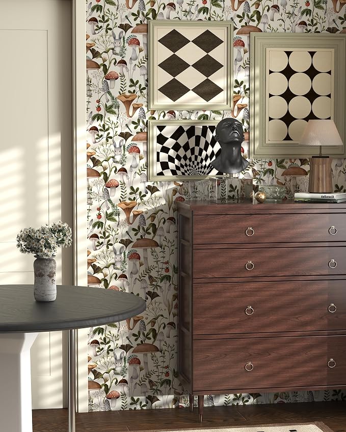 Mushroom Wallpaper Peel and Stick Vintage Contact Paper 17.7"×197" | Self Adhesive Wallpaper Removable Beige Forest Boho Contact Paper for Cabinets Kitchen Leaf Wallpapers Waterproof Vinyl