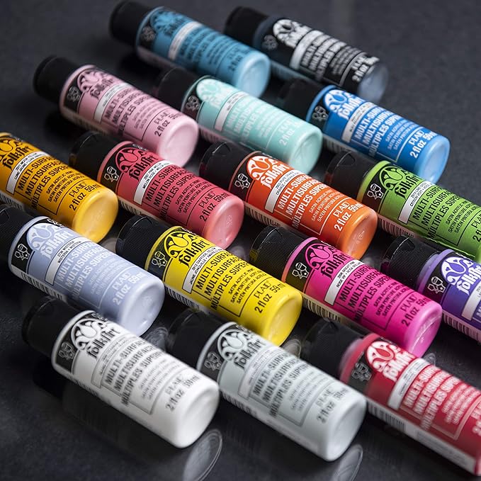 FolkArt 16 Piece Multi Surface Acrylic Craft Paint Set Formulated to be Non-Toxic that is Perfect for Beginners and Artists, Bright Colors Count, 2 Fl Oz (Pack of 16)