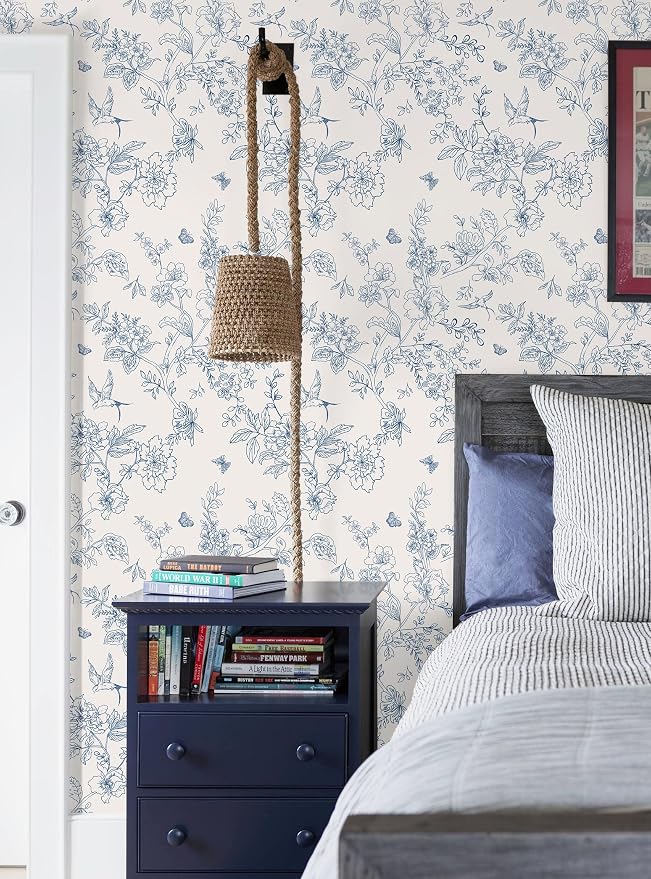 Froluya Cream White and Blue Floral Wallpaper Peel and Stick Wallpaper 17.7"x196.8" Vintage Floral Peel and Stick Wall Paper Removable Boho Self Adhesive Contact Paper for Bedroom Bathroom Vinyl