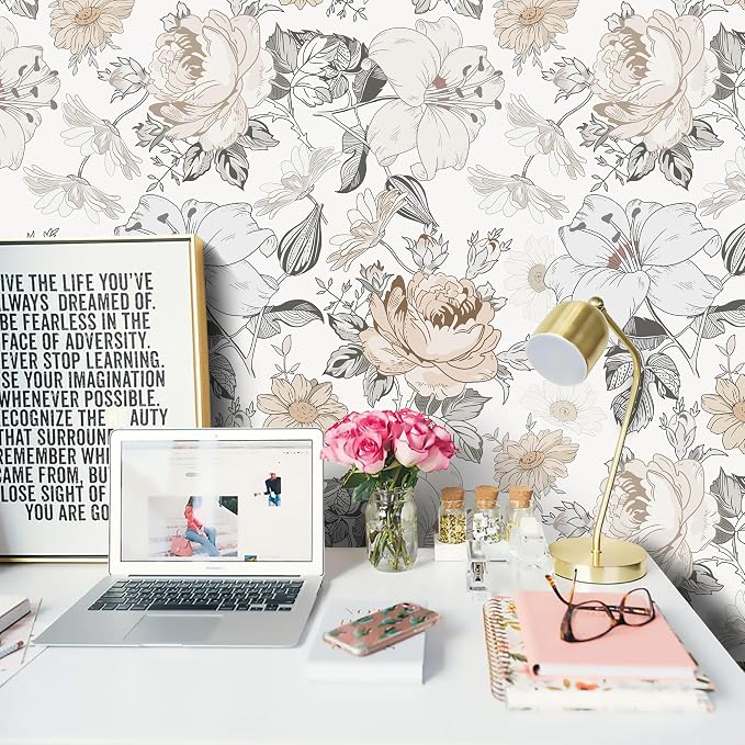 Hopepak 15.5'' x 394'' Floral Peel and Stick Wallpaper for Bedroom Modern Self Adhesive Removable Contact Paper Waterproof Vinyl Roll for Bathroom Living Room Nursery Wall Decorative