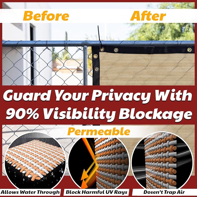 Amgo Custom Made 8' x 124' Beige Fence Privacy Screen Windscreen with Bindings & Grommets, Heavy Duty for Commercial and Residential, 90% Blockage, Cable Zip Ties Included (We Customize)