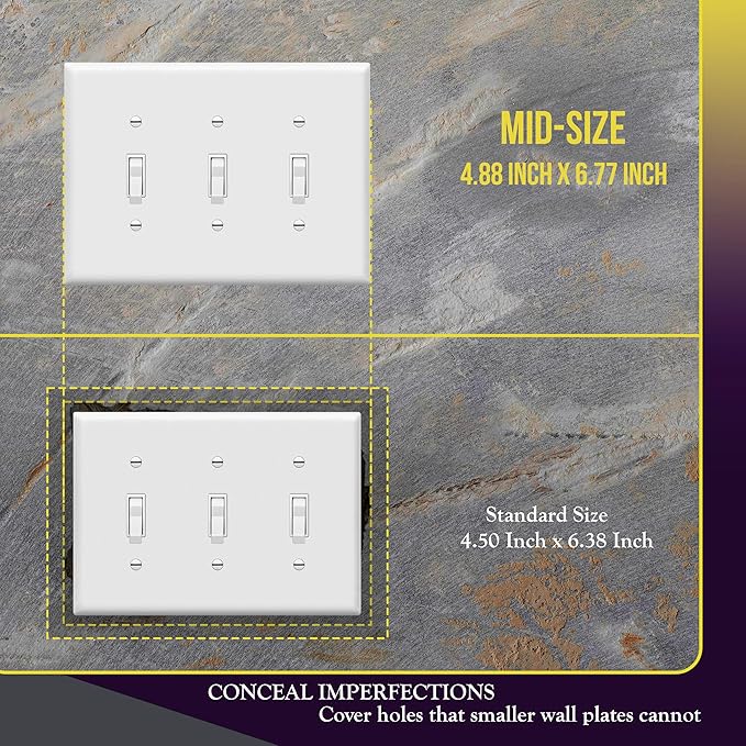 ENERLITES Toggle Light Switch Wall Plate, Gloss Finish, 3-Gang 4.88" x 6.77", Mid-Size, Unbreakable Polycarbonate Thermoplastic, UL Listed, 8813M-W, White