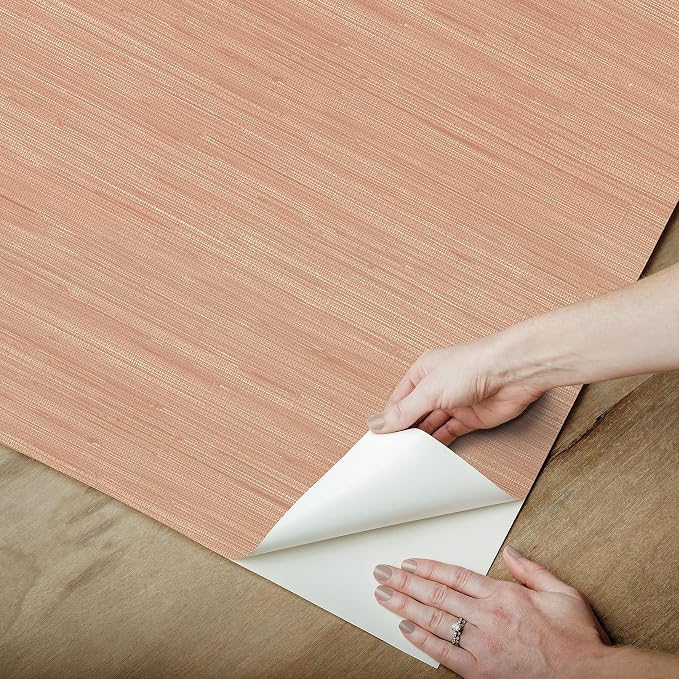 NuWallpaper x Society Social Apricot Classic Faux Grasscloth Peel & Stick Wallpaper, Pink