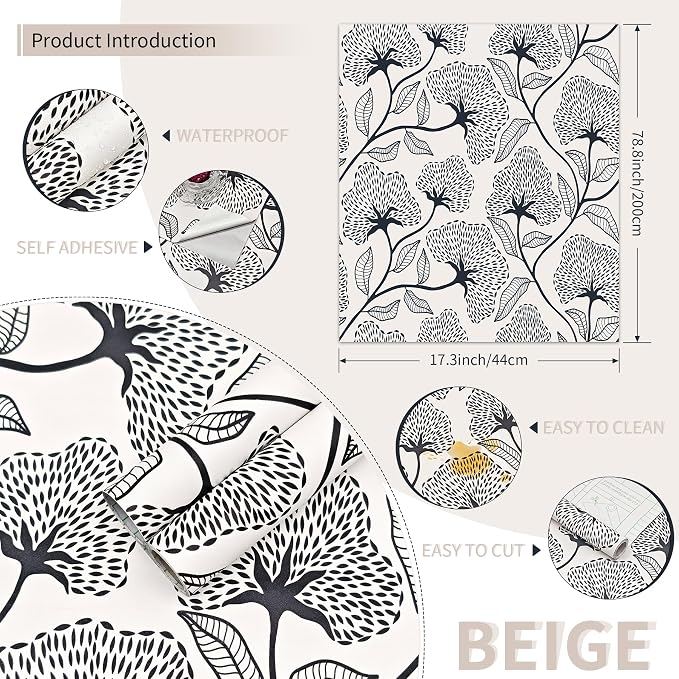 Peel and Stick Wallpaper Black and Beige Contact Paper 17.3"x78.8" | Boho Self Adhesive Wallpaper Removable Modern Floral Wall Paper for Bathroom Art Decoration Wallpapers Bedroom Kitchen Vinyl