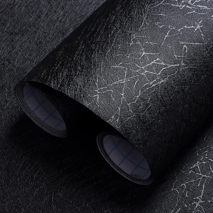 Safiyya 17.3 inch X 393 inch Peel and Stick Wallpaper Black Silk Textured Wallpaper Modern Solid Color Wall Paper Removable Contact Paper for Walls Vinyl Rolls