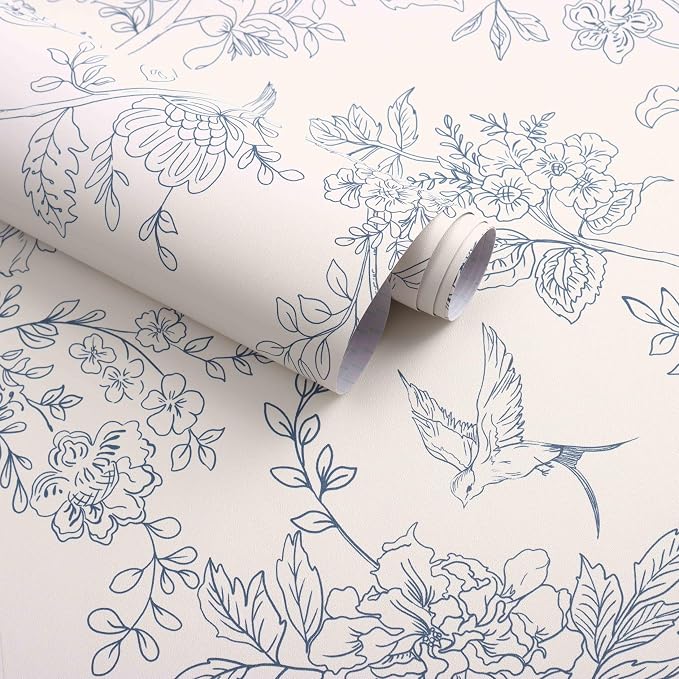 Froluya Cream White and Blue Floral Wallpaper Peel and Stick Wallpaper 17.7"x118.1" Vintage Floral Peel and Stick Wall Paper Removable Boho Self Adhesive Contact Paper for Bedroom Bathroom Vinyl