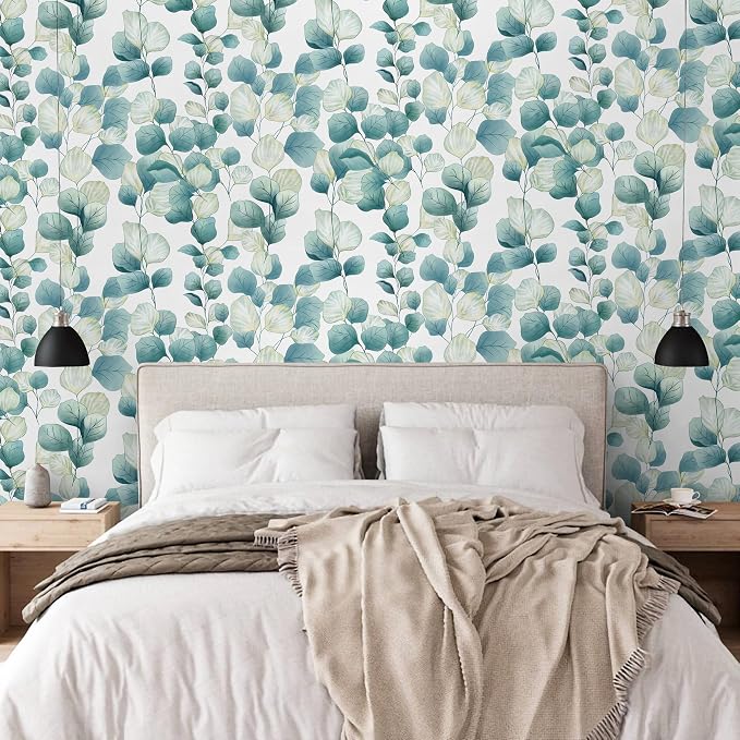 Timeet Peel and Stick Wallpaper Boho Leaf Contact Paper Removable Self Adhesive Vinyl Wall Paper Green and White Wall Mural Decoral for Cabinets and Drawers Countertops Waterproof 17.7"x 78.7"