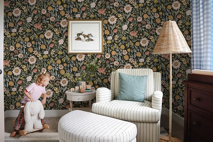 Dimoon Vintage Peel and Stick Wallpaper Boho Dark Floral Contact Paper 17.3''x385'' Retro Rustic Pink Removable Wall Paper Renter Friendly Texture Black Wallpaper for Bedroom Bathroom Cabinets Vinyl