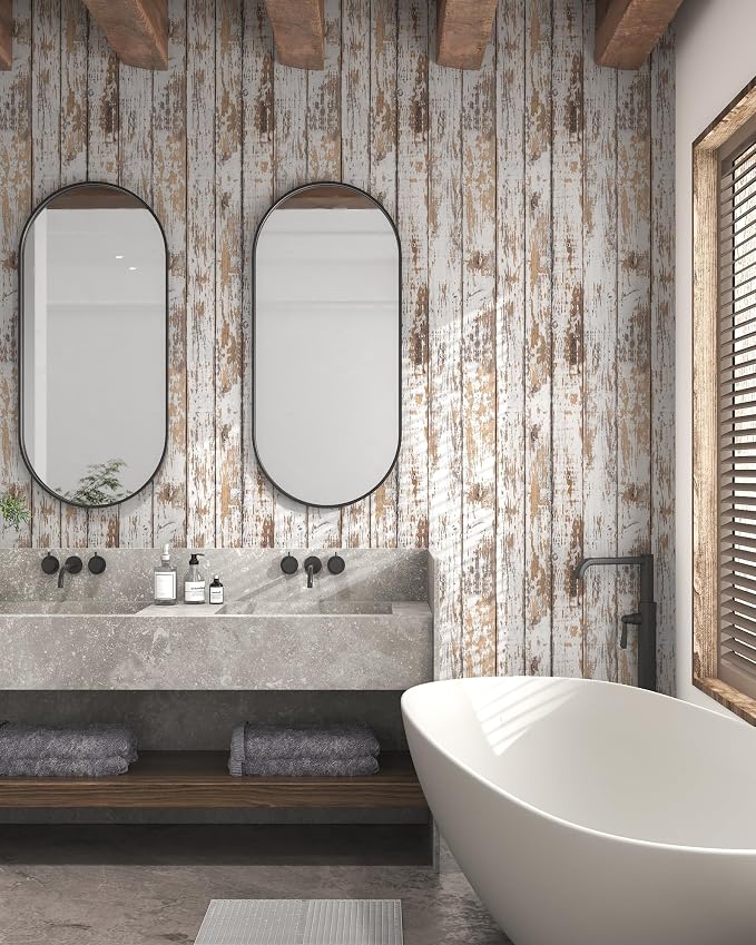 White and Brown Wood Wallpaper Vintage 17.3"x197" Distressed Light Wood Contact Paper Peel and Stick Wallpaper Self Adhesive Removable Wall Paper Shiplap Wood Grain Contact Paper for Cabinets Vinyl
