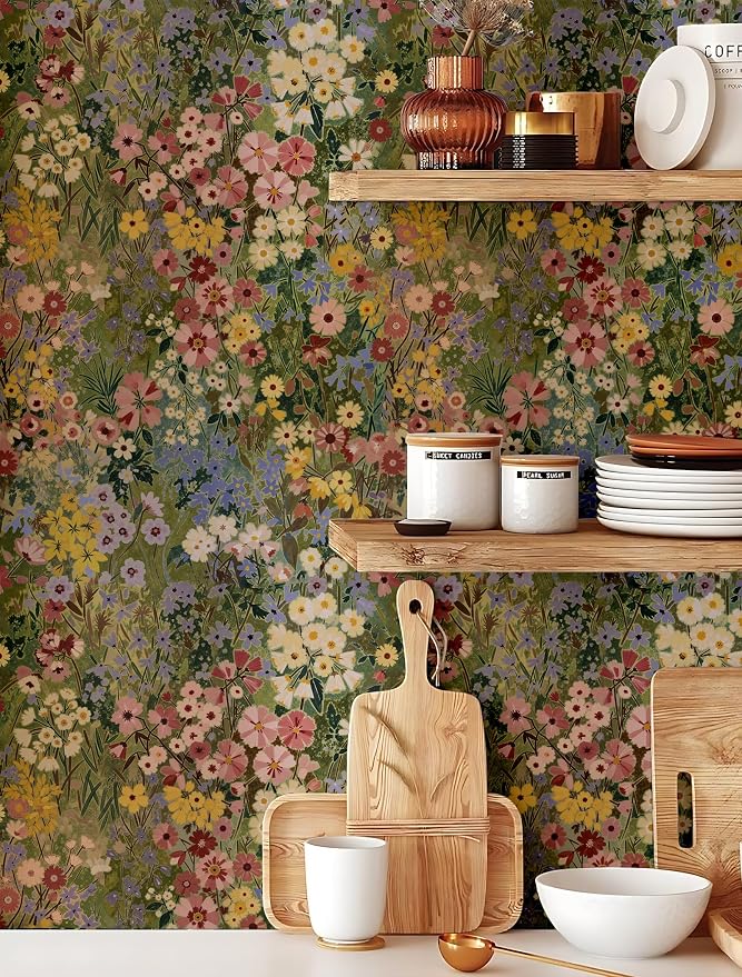 Floral Wallpaper Peel and Stick Boho Wall Paper Removable Waterproof Green Petal Pattern Contact Paper for Bedroom, Bathroom, Home Wall 17.3" x 393.7" | Vinyl Textured Stick on Wall paper DIY Self-adhesive Removable Waterproof Boho Green/Yellow/Pink fo...