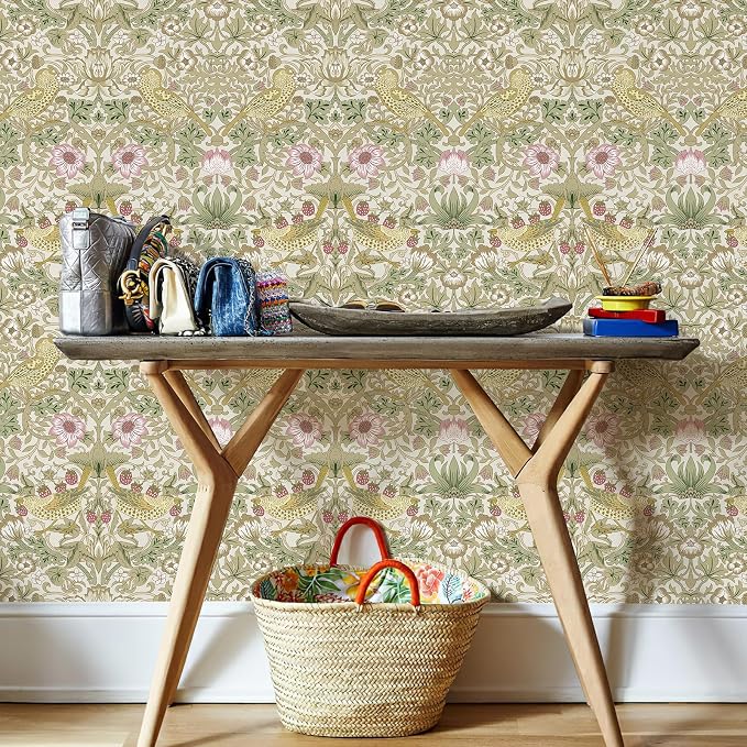 HueBurst William Morris Vintage Peel and Stick Wallpaper 17.7 x 800in Strawberry/Bird Botanical Self Adhesive Removable Waterproof Contact Paper for Living Room Bedroom Cabinets Drawers Decor