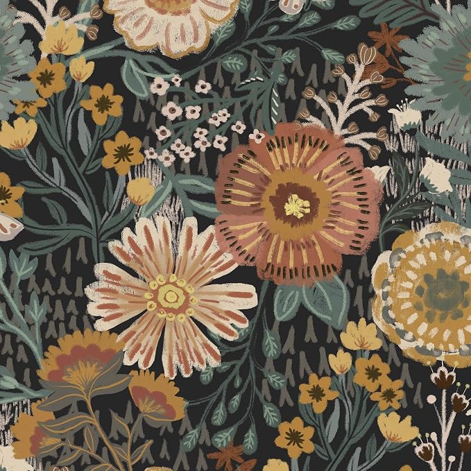 Dimoon Boho Retro Wallpaper Peel and Stick Wallpaper Vintage Floral Contact Paper 17.3''x393'' Dark Black Bohemian Removable Wall Paper Renter Friendly Waterproof Wall Mural Bedroom Bathroom Vinyl