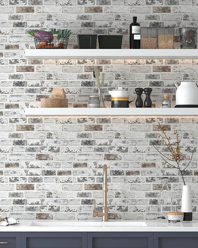 Brick Wallpaper Peel and Stick Wallpaper 17.3"x78.8" Grey and White 3D Brick Wallpapers Self Adhesive Vintage Wall Paper Removable Textured Contact Paper for Fireplace Kitchen Home Decoration Vinyl