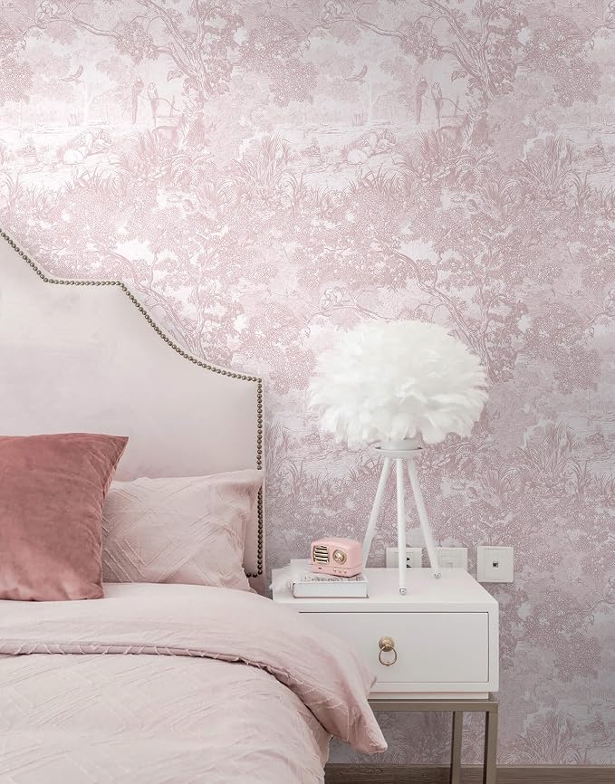 Heroad Peel and Stick Wallpaper Pink and White Vintage Forest Animals Floral Wallpaper Removable Self-Adhesive Contact Paper for Bedroom Living Room Cabinets Decoration Thicken Vinyl 17.3" x 393"