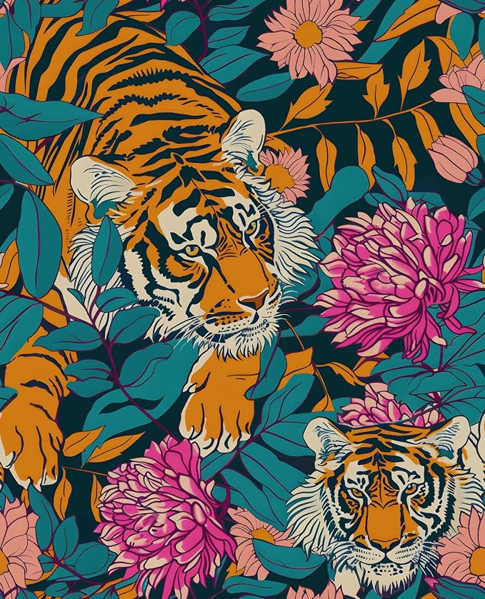 BOKEBEVE Tiger Floral Wallpaper Peel and Stick Vintage Orange 17.5 x 78.5In | Removable Self Adhesive Renter Friendly Jungle Tiger Wall Paper for Bedroom Bathroom Living Room Feature Accent Wall