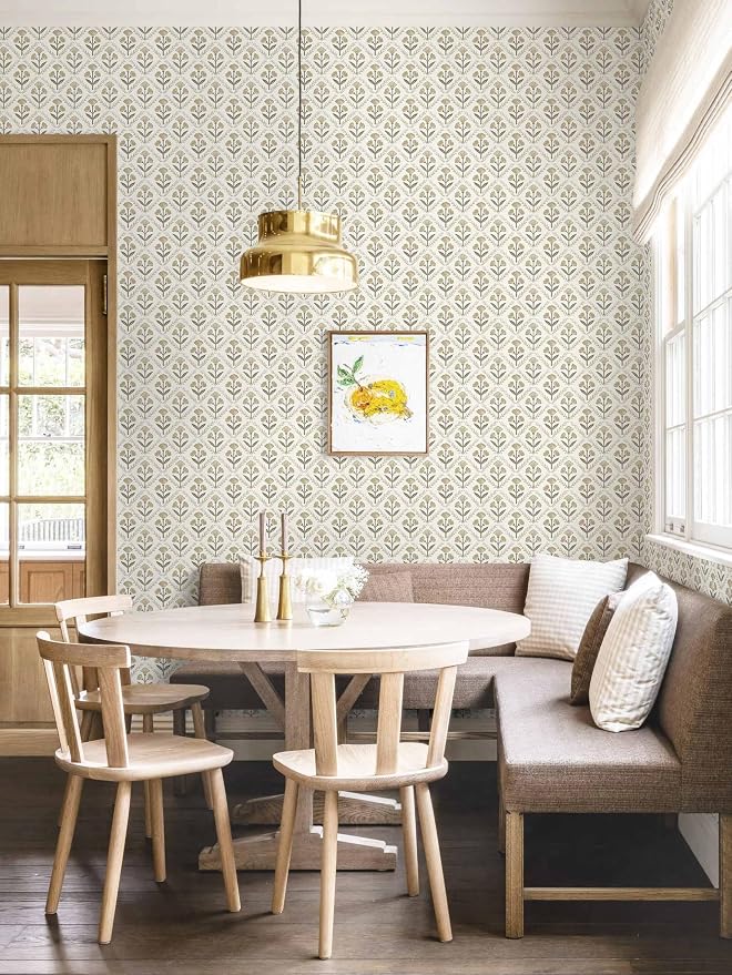 Dimoon 17.3''x78.7'' Peel and Stick Wallpaper Floral Beige Boho Neutral Cute Contact Paper Vintage Village Country Cottage Wallpaper Farmhouse Renter Friendly Geometry Waterproof Kitchen Bedroom