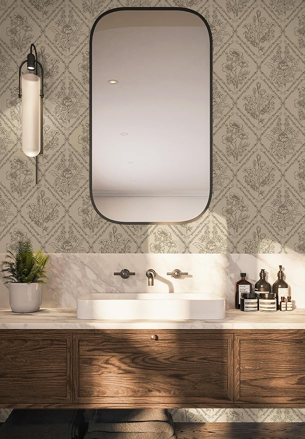 Toduso Vintage Peel and Stick Wallpaper Brown Floral Wallpaper for Kitchen Boho Neutral Contact Paper Removable Waterproof Self Adhesive Wall Paper for Bathroom Bedroom Drawer Decor Vinyl 17.3"x393.7"