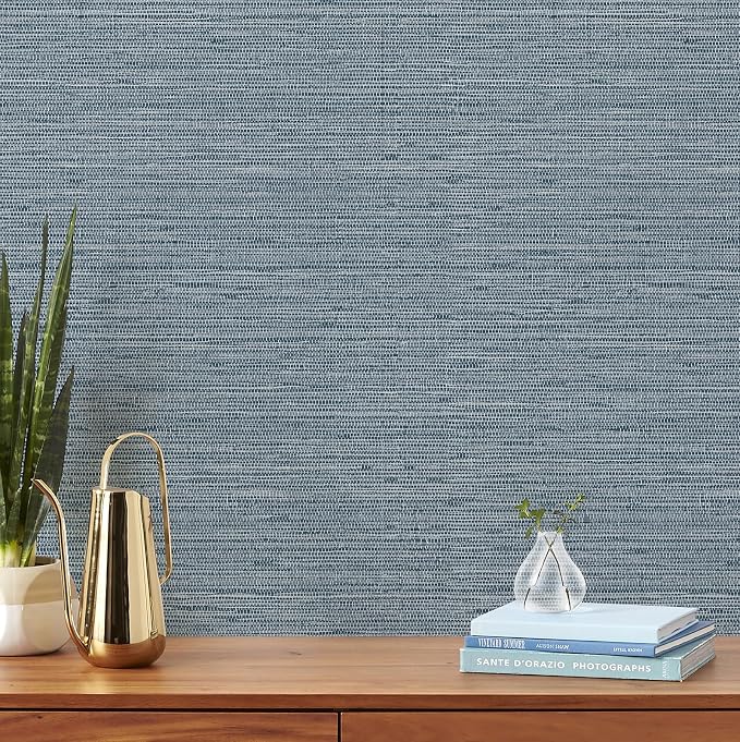 Simon&Siff Gray Blue Textured Grasscloth Peel and Stick Wallpaper 17.7"x1200" Neutral Faux Grassweave Waterproof Self Adhesive Removable Wallpaper Mural for Home Decor Bedroom Kitchen Cabinet