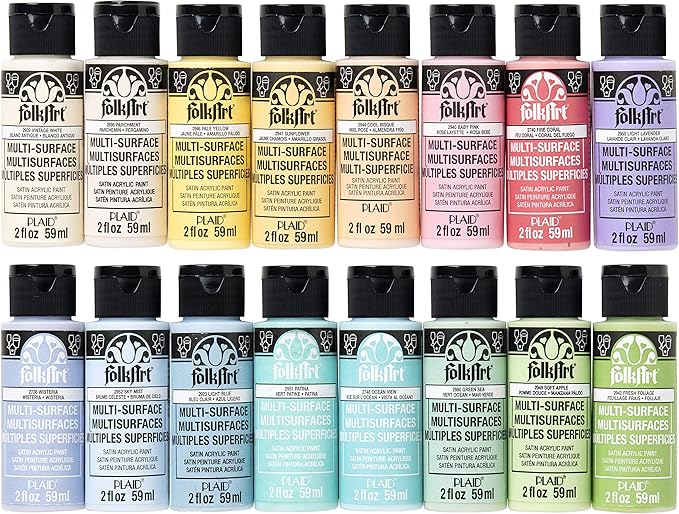 FolkArt Multi Surface Acrylic Paint Set Pastel Colors, Count, 2 Fl Oz (Pack of 16)
