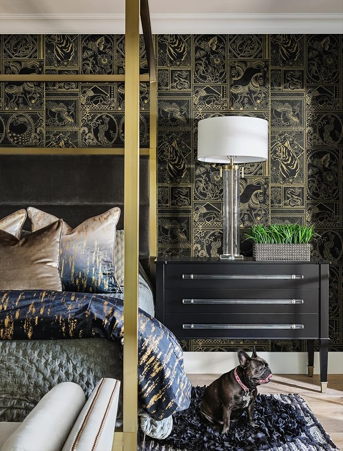 Erfoni 394"x17.7" Vintage Peel and Stick Wallpaper Black and Gold Contact Paper Peel and Stick Removable Animal Pattern Wall Paper DIY Waterproof Self Adhesive Wallpaper for Accent Wall Covering