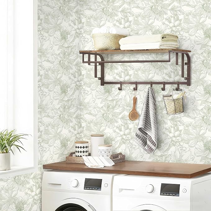 394"x17.3" Green Beige Floral Peel and Stick Wallpaper Vintage French Wallpaper Cottage Big Flower Contact Paper Removable Self Adhesive Wall Paper for Kitchen Bathroom Bedroom Vinyl Roll