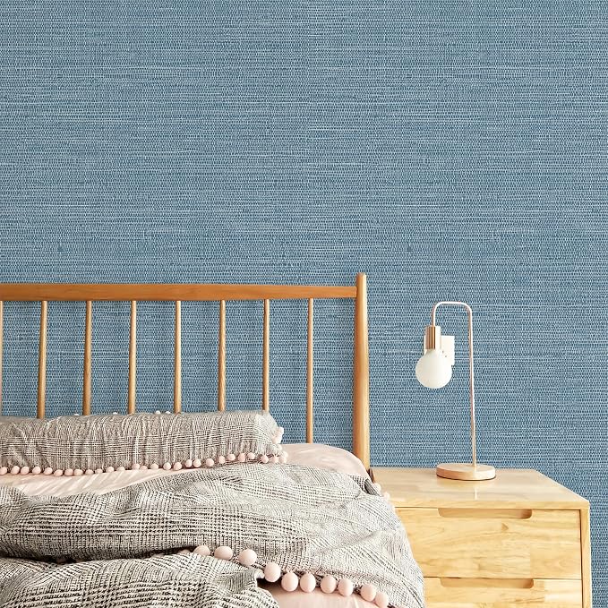 JiffDiff Grasscloth Wallpaper Peel and Stick 1181" x 17.3" Blue Cream Grassweave Stick on Wallpaper Textured Self Adhesive Wall Paper Contact Paper