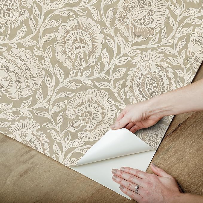 NuWallpaper x Nabela Noor Home Aliviya Pistachio Peel and Stick Wallpaper, Brown, Flowers, Transitional, Self-Adhesive, 20.5-in x 18-ft