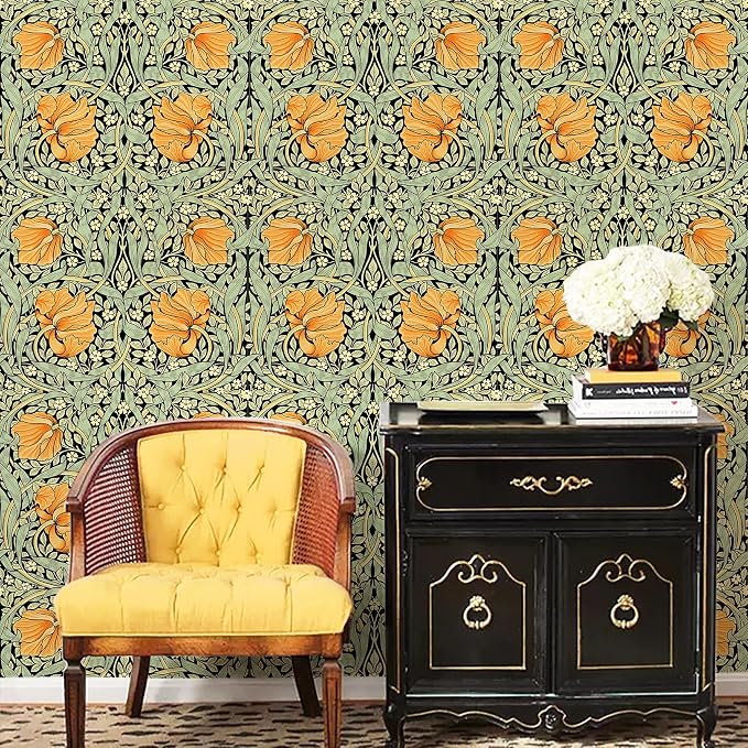 HAOKHOME Vintage Floral Wallpaper Peel and Stick Botanical Green/Yellow/Black Wall Murals Home Kitchen Bedroom Decor by William Morris 17.7in x 32.8ft