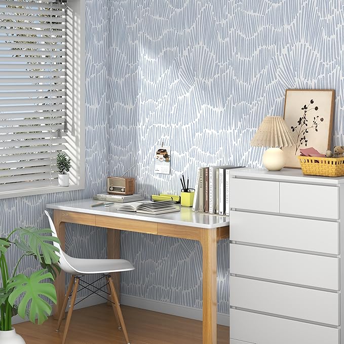 Theper Blue Wallpaper 17.3"×78.8" Modern Striped Peel and Stick Wallpaper Boho Removable Self Adhesive Wall Paper for Bedroom Waterproof White and Blue Contact Paper Vinyl