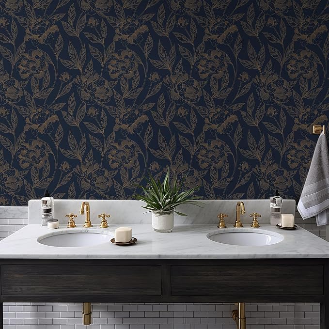 Timeet Peel and Stick Wallpaper Gold and Blue Floral Wall Paper for Bedroom Removable Self Adhesive Elegant Contact Paper Decor 17.7In × 78.7In
