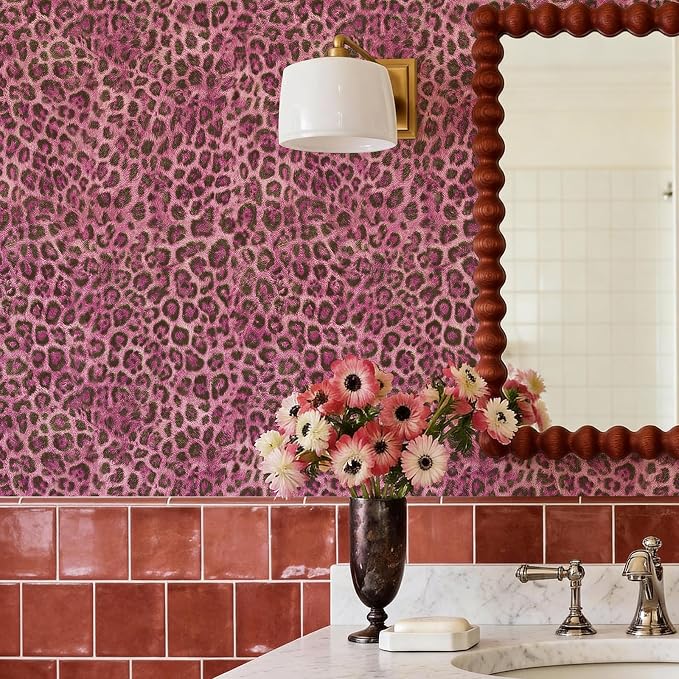 Upgrade Pink Leopard Print Peel and Stick Wallpaper, 17.3" x 400" | Waterproof Removable Self Adhesive Wallpaper, Unique Funky Cheetah Contact Paper for Bedroom, Bathroom, Decor,48.1 sq.