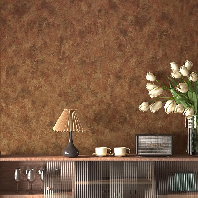 Wall Paper Peel and Stick Modern Mid Century Wallpaper Gold/Orange/Brown/Copper Wallpaper Industrial Concrete Cement Contact Paper 31.5"x158" Rust Metallic Wall Covering for Bedroom Kitchen Walls