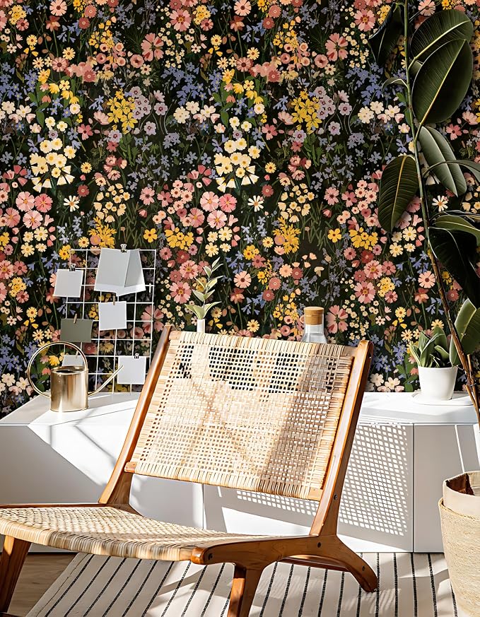 Vintage Floral Peel and Stick Wallpaper for Bedroom,Cabinets 17.3" x 118" | Textured Vinyl Contact Paper Self Adhesive Removable Waterproof Black/Green/Pink Stick on Wall paper for Kitchen Bathroom