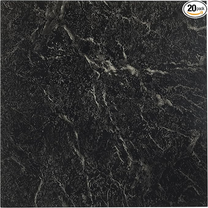 Nexus Self Adhesive 12-Inch Vinyl Floor Tiles, 20 Tiles - 12" x 12", Black w/White Vein Marble Pattern - Peel & Stick, DIY Flooring for Kitchen, Dining Room, Bedrooms & Bathrooms by Achim Home Decor