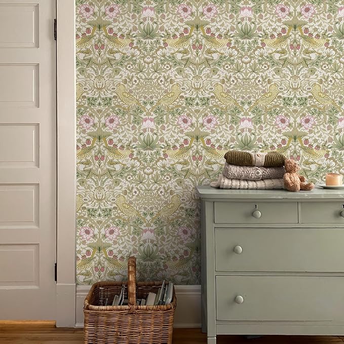 HueBurst William Morris Vintage Peel and Stick Wallpaper 17.7 x 800in Strawberry/Bird Botanical Self Adhesive Removable Waterproof Contact Paper for Living Room Bedroom Cabinets Drawers Decor