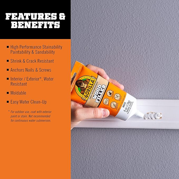 Gorilla All Purpose Wood Filler, White Wood Filler, 6 Ounce Tube (Pack of 6) - Water Resistant for Indoor or Outdoor Projects and Repairs