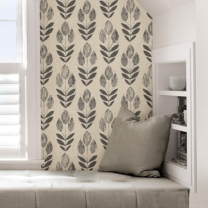 NuWallpaper Folk Tulip Peel and Stick Wallpaper, Neutral, Textured Removable Wallpaper, 20.5 in x 18 ft