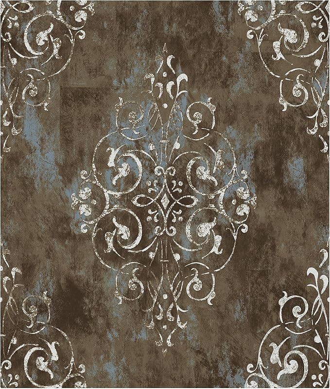 HAOKHOME Vintage Peel and Stick Wallpaper Damask Brown/Beige/Teal Vinyl Stick on Wall Paper for Bathroom Bedroom Home Decor 17.7in x 9.8ft