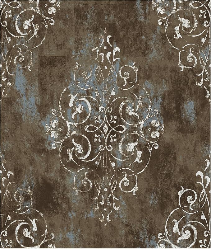 HAOKHOME Vintage Peel and Stick Wallpaper Damask Brown/Beige/Teal Vinyl Stick on Wall Paper for Bathroom Bedroom Home Decor 17.7in x 32.8ft