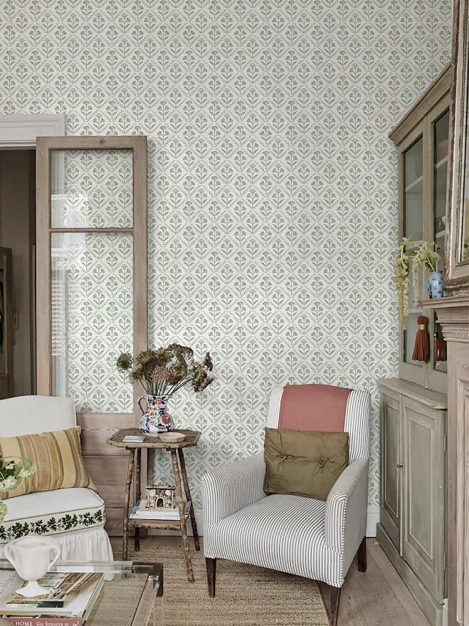 Dimoon Green Peel and Stick Wallpaper Floral Contact Paper Village Vintage Summer Cute Farmhouse Cottage Wall Paper Country Renter Friendly Geometry Waterproof Moody Bathroom Kitchen 197"x17.3"