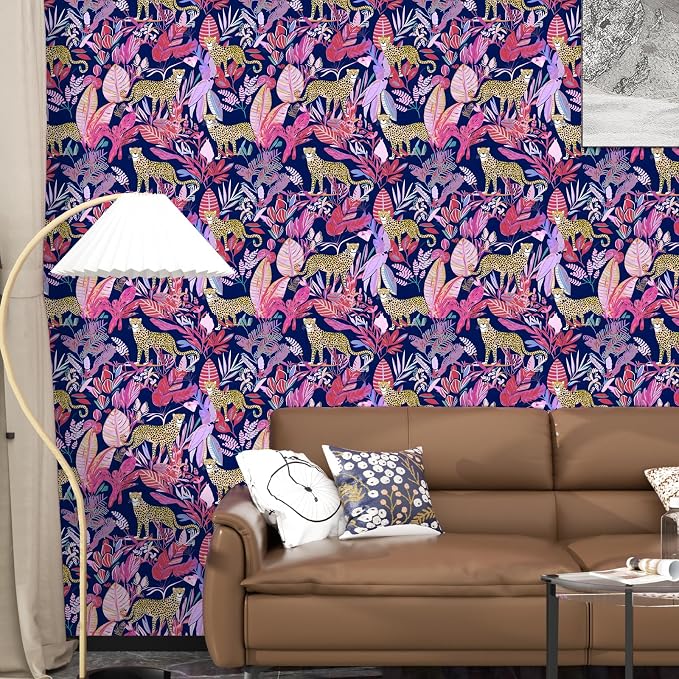 Purple Vintage Leopard Peel and Stick Wallpaper 17.5" x 787" | Waterproof Vinyl Self Adhesive Removable Renter Friendly Floral Contact Paper