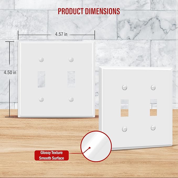 ENERLITES Double Toggle Light Switch Metal Cover Plate, Wall Plate, Corrosion Resistant, Standard Size 2-Gang 4.50" x 4.57", Powder Coated Stamped Steel, 7712-WG, White Gloss (Pack of 1)