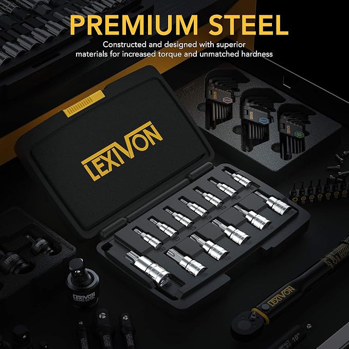 LEXIVON Torx Bit Socket Set, Premium S2 Alloy Steel | 13-Piece Star T8 - T60 Set | Enhanced Storage Case (LX-143)