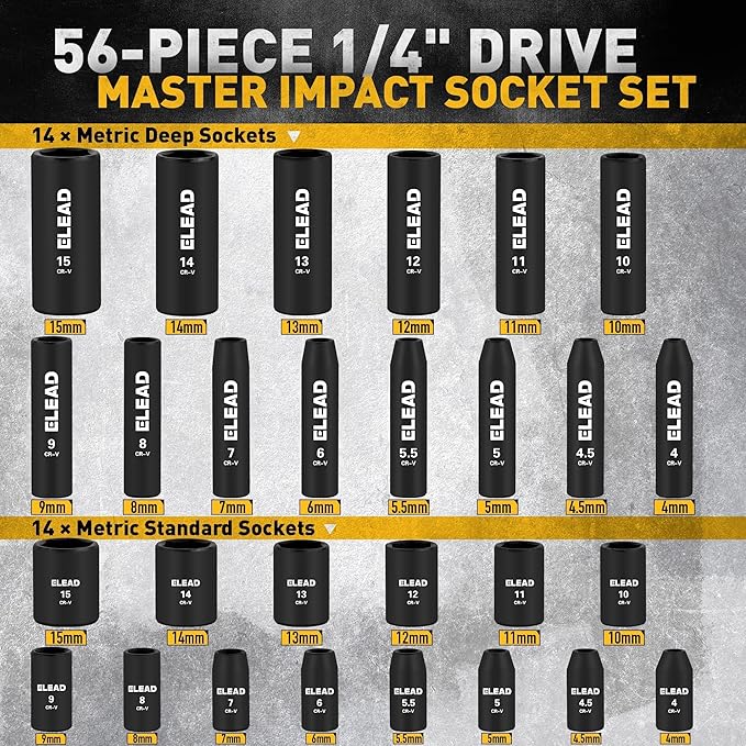 1/4" Drive Impact Socket Set, 56-Piece Standard SAE (5/32 to 9/16 inch) and Metric (4-15mm) Size, Deep & Shallow, 6 Point, Cr-V, 72-Tooth Ratchet Handle, Extension Bar, Universal Joint