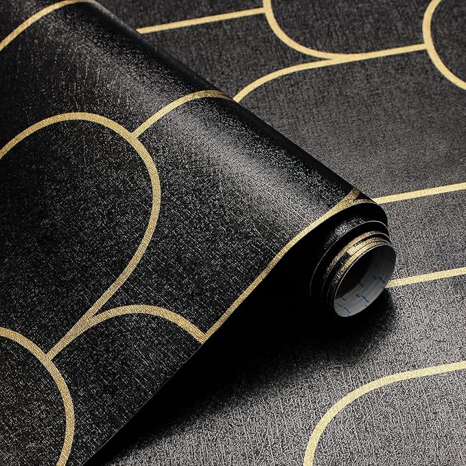 Yasinet Peel and Stick Wallpaper Black and Gold Wallpaper Modern Geometric Contact Paper for Bedroom Black Removable Self Adhesive Waterproof Wall Paper for Bathroom cabinets Vinyl 17.3”x393.7”