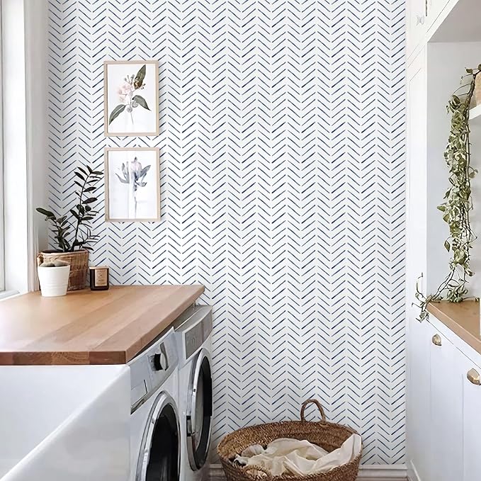 Rugreat Blue Herringbone Peel and Stick Wallpaper Modern 788inL17.3inW | Stripe Contact Paper for Cabinets Neutral Self Adhesive Removable Wallpaper for Bedroom Bathroom Waterproof Blue and White