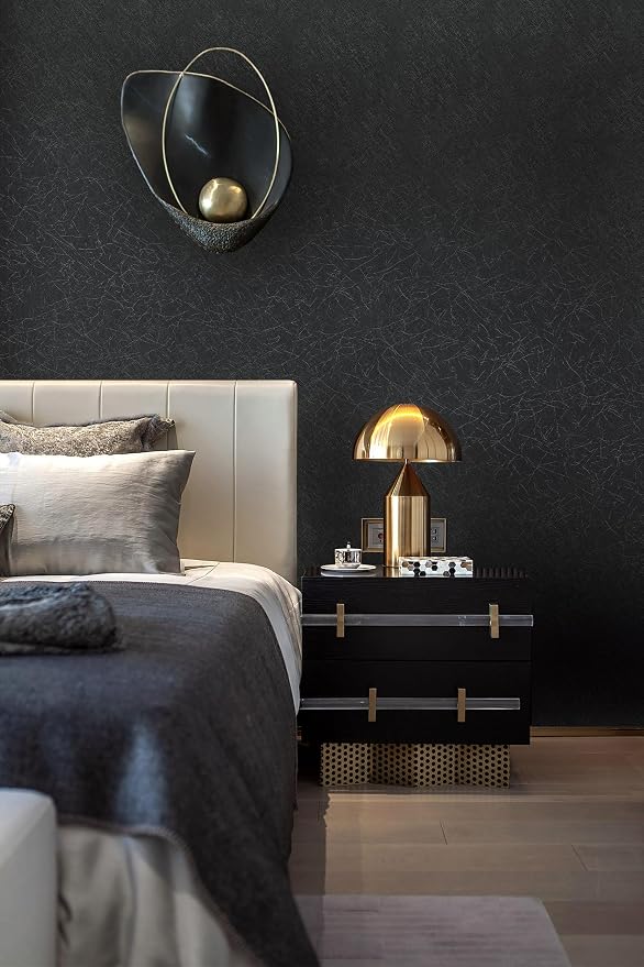 Safiyya 17.3 inch X 590 inch Wallpaper Black Silk Textured Wallpaper Peel and Stick Modern Solid Color Wall Paper Removable Contact Paper for Bedroom Vinyl Rolls