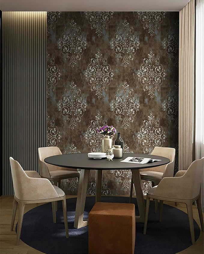 HAOKHOME Vintage Peel and Stick Wallpaper Damask Brown/Beige/Teal Vinyl Stick on Wall Paper for Bathroom Bedroom Home Decor 17.7in x 32.8ft